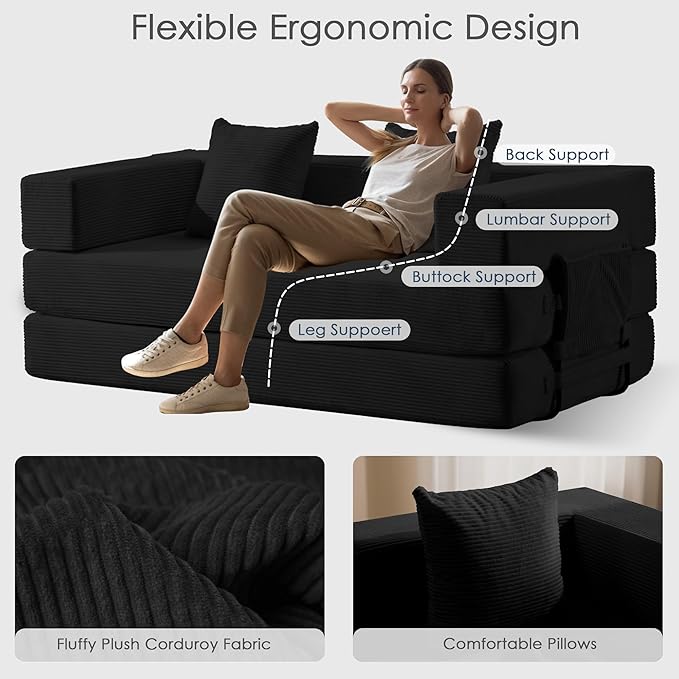 Convertible Sleep Sofa Bed with Armrests and Backrest Corduroy Folding Couch with 2 Pillow Modular Sectional for Living Room Bedroom Studio-No Assembly NeededBlack