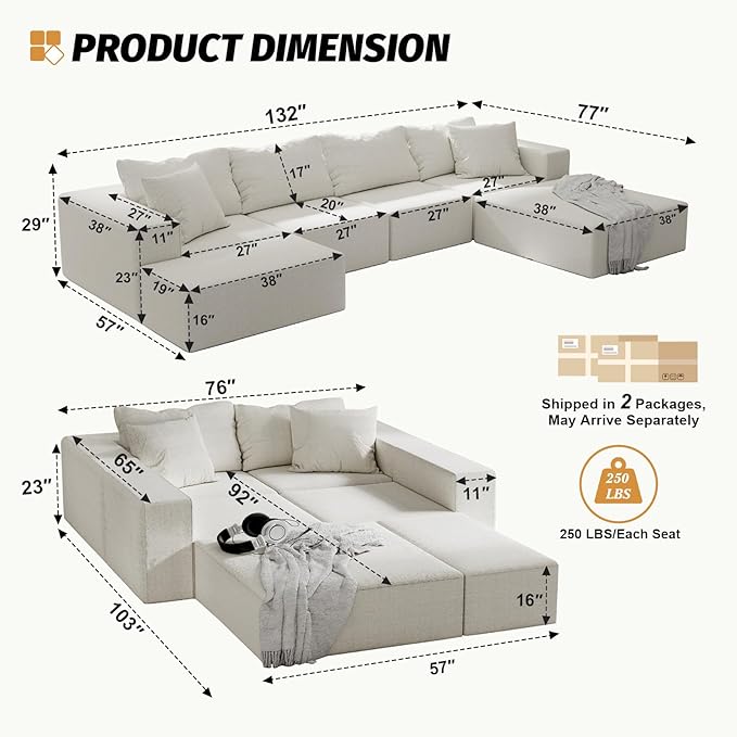 132'' Oversized Cloud Couch Sectional Modular Sectional Sofa with 6 Pillows Comfy Chenille L Shape Couch with 6 Deep Seat Convertible Sleeper Boneless Couches for Living Room No Assembly Beige