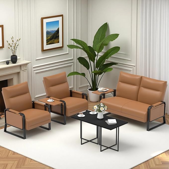 Faux Leather Sectional Couches for Living Room 3 Piece Loveseat and Chair Set with Flip Up Tray Tables Side Pockets Modern Modular Sectional Sofa for Office (2-Seat+1-Seat+1-Seat Brown)