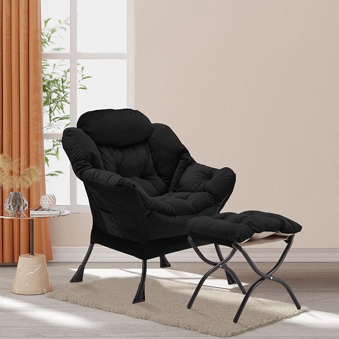 Lazy Chair with Folding Ottoman Accent Chair Velvet Upholstered with Metal Structure and Non-Slip Pads Sofa Armchair with Footrest and Side Storage Bag for Dorm Room Office Black