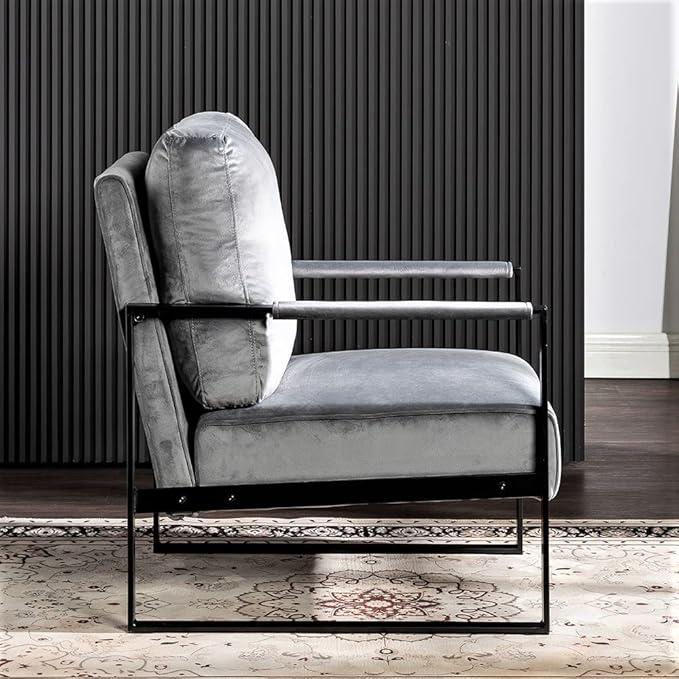 Container Furniture Classic Mid Century Modern Accent Chair with Durable Square Metal Frame Armchair for Living Room Bedroom Home Office in Plush Velvet Upholstery Grey