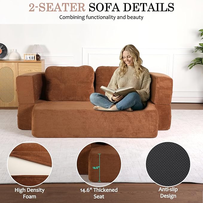 Folding Sofa Bed 78.7 Extra-Long Convertible Sofa Bed with 2 Pillows &amp Blanket 14.6 Thick High-Density Foam Boneless Couch for Bedroom Living Room Apartment Brown