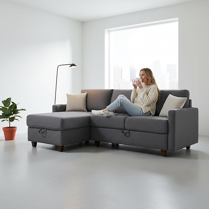 Sectional Sofa with Storage – Modern Upholstered Living Room Couch Reversible Chaise for Home Apartment Office 81.9” L Dark Grey