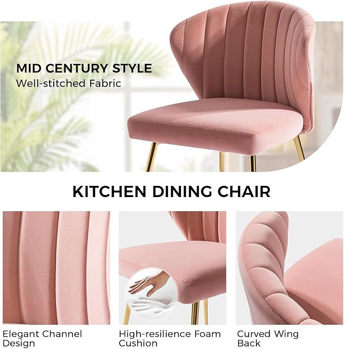 HULALA HOME Dining Chairs Set of 2 Velvet Upholstered Kitchen &amp Dining Room Chairs with Metal Legs Vanity Chair Armless Side Chairs for Living Room Bedroom Restaurant Channel Curved Backrest Pin
