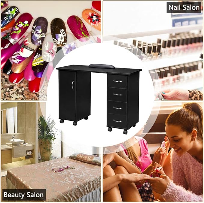 Black 47 Computer Desk with 4 Storage Drawers and Door Mobile Home Office Desk Study Writing Desk with Smooth Wheels Space Saving Compact Desk for Dorm Apartment Rolling Desk Table 120 x 54 x 80CM