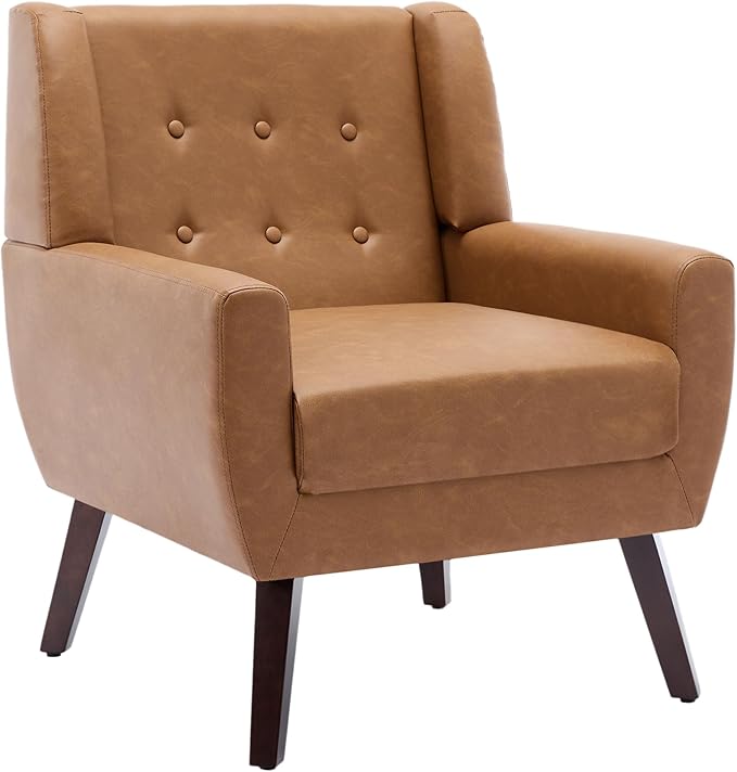 UIXE Faux Leather Accent Chairs Set of 4 Modern Arm Club Chair Upholstered Armchair for Living Room Comfy Single Sofa Seats Button Tufted Reading Seating Brown