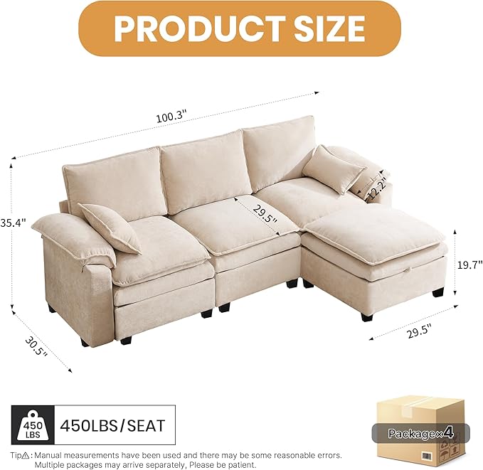 100 L Shaped Modular Sectional Sofa Couch with Ottoman Storage Chenille Cloud Couch with Plush Deep Seating for Living Room Bedroom (Beige 4 Seat)