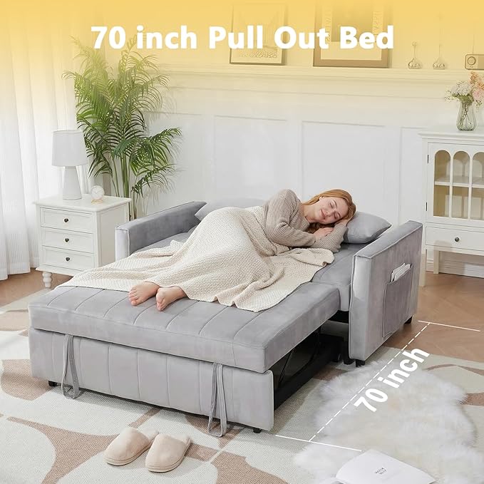 Kiztir Futon Sofa Bed 55.5 Small Loveseat Sleeper Sofa Comfy Velvet Pull Out Couch Bed with 3 Levels Adjustable Backrest and Side Pockets for Living Room Bedroom Apartment Small Spaces (A-Grey) |