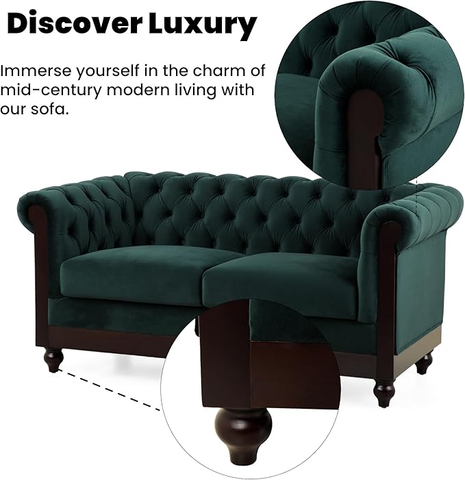 Merax Velvet Chesterfield Sofa Retro Style Upholstered 3 Seater Leather Couch Rolled Arm for Living Room Bedroom Office Dark Green