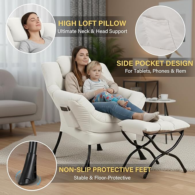 Cozy Lazy Chair and Ottoman Large Contemporary Peach Beige Accent Chair Set Leisure Upholstered Reading Armchair for Bedroom Living Room Dorm Rooms Office Balcony