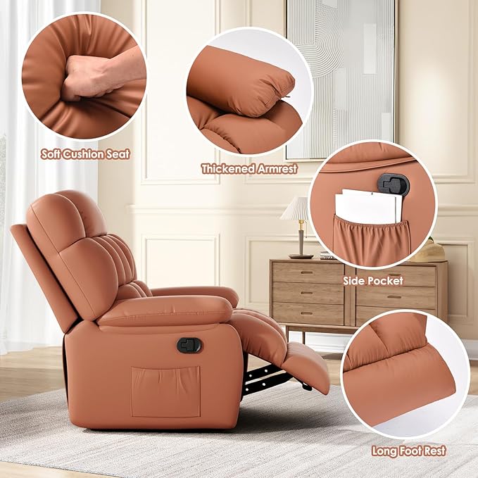 Recliner Chair Upholstered Rocker Recliner Chair with Side Pocket Ergonomic 110°-160° Adjustable Reclining Chairs for Adults Single Sofa Chair with FootrestRecliner Sofa for Living Room