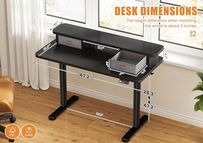 Flycity Electric Standing Desk with Dual Drawers 48 x 24 Height Adjustable Desk Sit Stand Desk with Memory Controller Casters &amp 2 Hooks Low Noise Home Office Desk Black