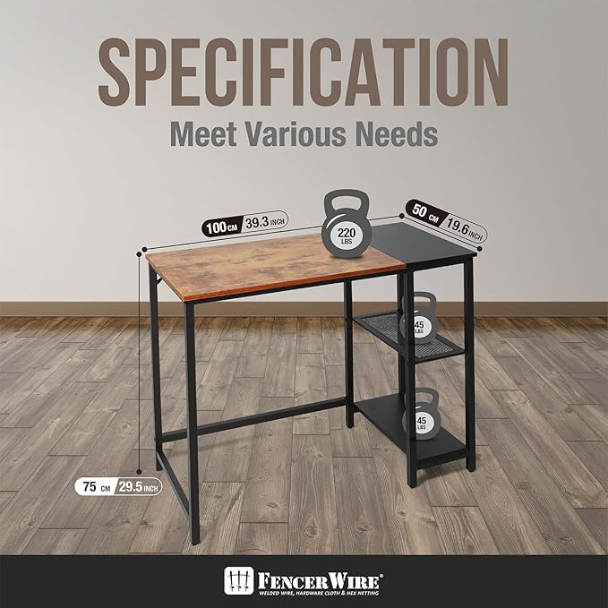 Fencer Wire 40 Inch Home Office Computer Desk with 2-Tier Storage Shelves Study Writing Desk Simple Industrial Modern PC Workstation with Splice Board Rustic Oak Wooden Table and Metal Frame