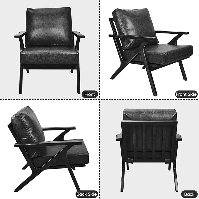 Mid-Century Modern Accent Chairs PU Leather Fabric Thicker Upholstered Armchair 1PCS for Bedroom Living Room-Black