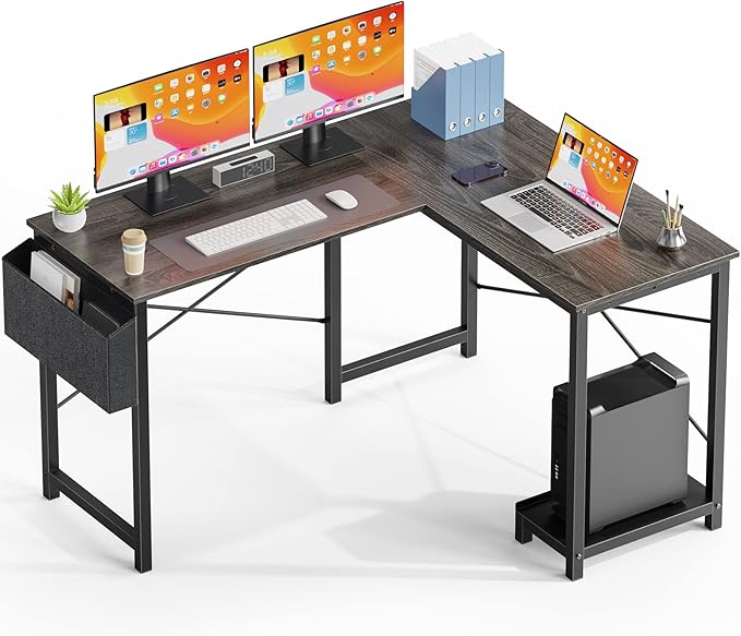 L Shaped DeskCorner Computer Desk Sturdy Metal Frame CPU Stand Side Bag Reversible for Home Office Small Place (Gray50 Inch)