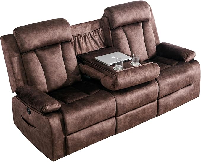 Power Reclining Sofa – 3 Seater Reclining Couch with Massage &amp Heat Drop-Down Table USB &amp Type-C Charging Ports Cup Holders Dutch VelvetPower Sofa for RVMedia Room &amp Living Room