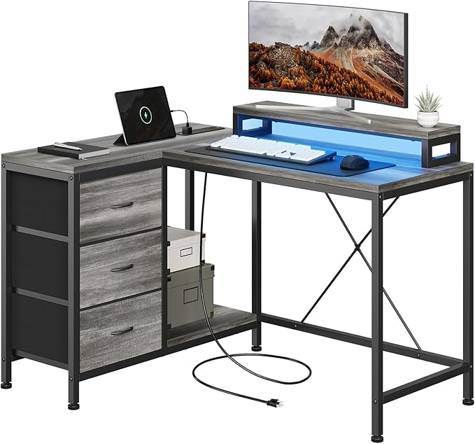41 Inch Computer Desk with 3 Drawers LED Lights &amp Power Outlets Gaming Desk with USB Charging Station Home Office Desk with Monitor Stand and Cationic Fabric Drawers