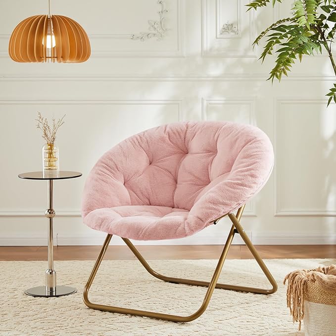 DUMOS Comfy Saucer ChairFaux Fur Lounge Seasting XL Circle Chair for Bedroom Dorm &amp Gaming Foldable Fashion Accent Seat for Small Spaces Folding Moon/Mushroom/Round Oversized StyleHot Pink
