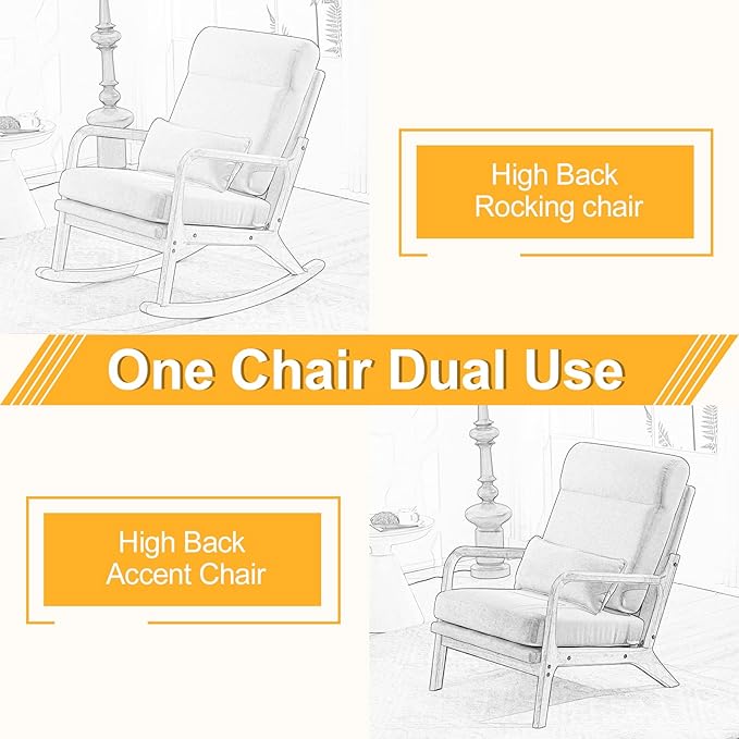 Rocking Chair Nursery Glider Rocker Convertible Rocking Armchair to Accent Chair Mid-Century Modern Chair with Lumbar Pillow for Bedroom Living Room Nursery Light Gray