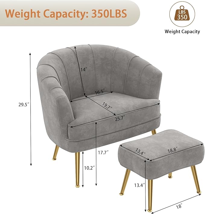 Andeworld Velvet Accent Chair with Ottoman Upholstered Modern Single Sofa Side ChairComfy Barrel Club Living Room Armchair with Golden Metal Legs for Bedroom Living Reading Room Office Grey