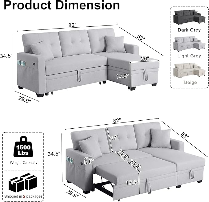 82 L Shaped Sleeper Sofa Bed: Sectional Sleeper Couch with Pull Out Bed Storage Chaise USB Charging 3 Seat Sectional Sofa Bed with Throw Pillow for Living Room (Linen Fabric Light Grey)