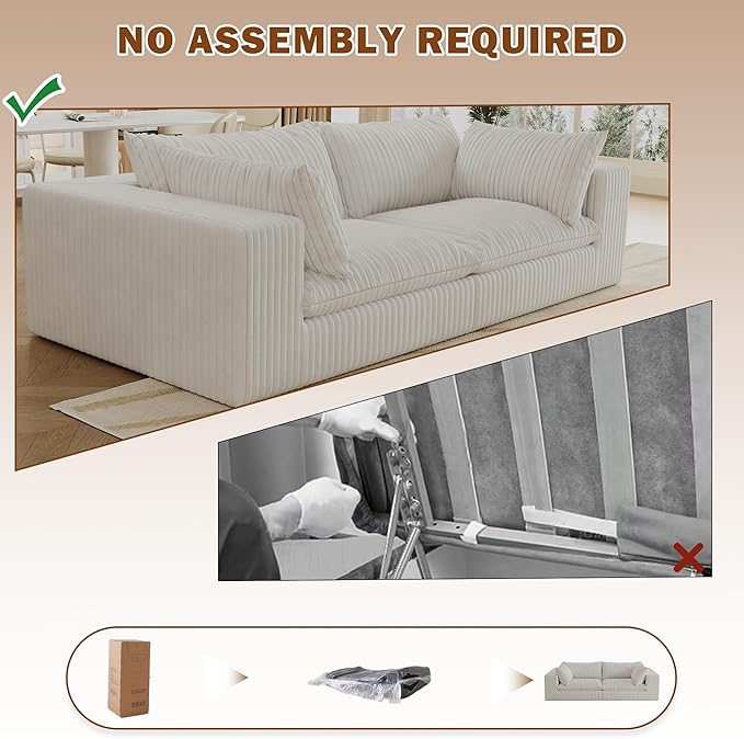 Boneless Corduroy Modular Couch with Removable Cushion 78.8 Comfy Cloud Couch for Small Spaces Deep Seat &amp Memory Foam No Assembly Required Compression Couches for Small Spaces(White) | Fluff