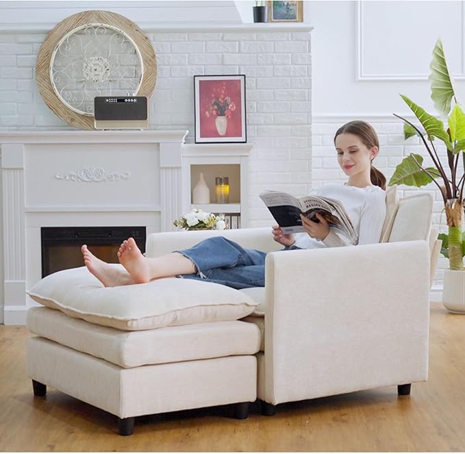 Oversized Accent Chair with Ottoman Beige Chenille Modern Cloud Chaise Lounge Chair Indoor with Deep Seat Upholstered Comfy Armchair Reading Chair for Bedroom Living Room Apartment