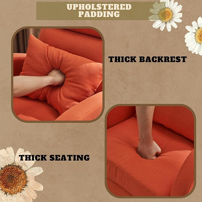 VINGLI Orange Linen Rocking Chair Nursery with Thick Headrest Upholstered Mid-Century Modern Nursing Rocker Glider with Curved Armrest Sturdy Solid Wood Base for Living Room Bedroom Baby Room