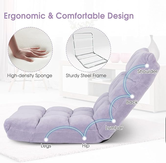 Moccha 14-Position Floor Sofa Folding Sofa Chair with Back Support Memory Foam Floor Gaming Chairs for Adults Adjustable Padded Couch Recliner Chaise Lounge for Reading Meditating (Light Purple)