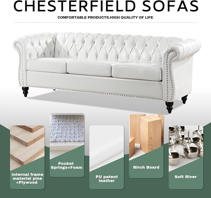 White Sofas for Living Room Faux Leather Chesterfield Sofa 84 Rolled Arm 3-Seater Couch Sofa with Button Nailhead Upholstered Sofa Furniture Easy to Assemble (White)