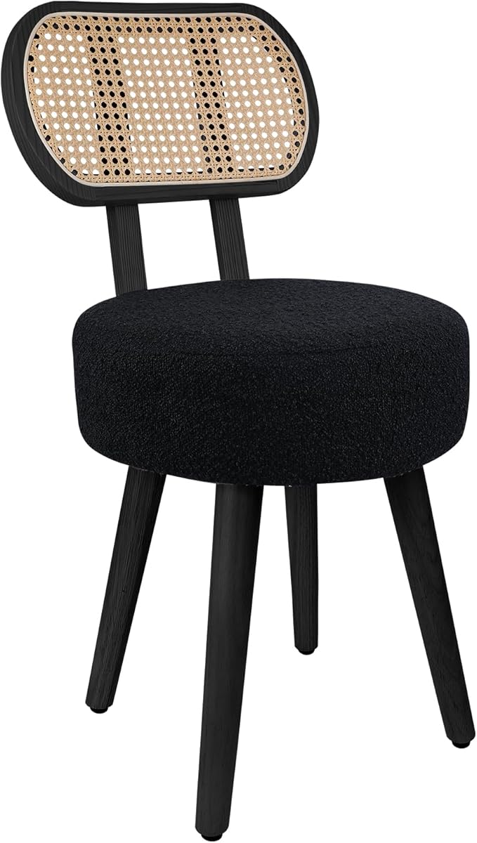 ZYBT Rattan Dining Chair Boho Makeup Vanity Chair for Makeup Room Mid Century Modern Boucle Chair Black Cane Dining Chairs Upholstered Wood Accent Chair Cute Sherpa Chair with Back 1 Pc