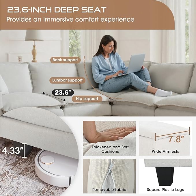 97 5 Seater L Shaped Couch Corner Sofa Oversized Cloud Couch with 2 Pillows Chenille Modular Sectional Sofa Armrests with Two Hidden Storage Space Sectional Couches for Living Room Beige