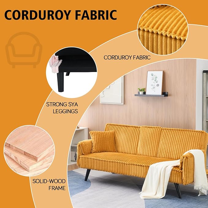 Futon Sofa Bed Modern Folding Couch for Small Space 72'' Corduroy Convertible Loveseat Sleeper Bed Daybed Recliner Lounge Sofas for Living Room2 Cup HoldersMetal LegsRemovable Armrests (Orange I)