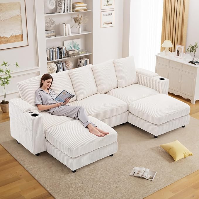 110 Oversized Cloud Couch U Shaped Modular Sectional Sofa L Shaped Sectional Couches for Living Room Comfy Corduroy Cloud Sofa with Ottoman USB Port Cup Holder Armrest Storage Side Pocket Beige