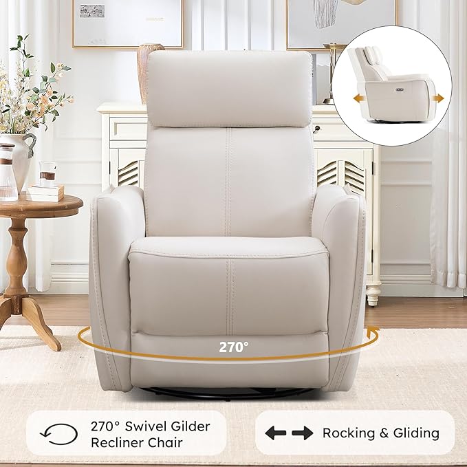 EBELLO Faux Leather Power Recliner Chair Electric Reclining Sofa with USB Charging Port Metal Swivel and Rocking Chair Seat for Small Living RoomBeige