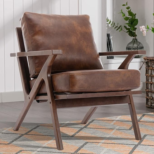 INZOY Mid-Century Modern Accent Chair with Wood Frame PU Leather Living Room Chair and Soft Thick Padded Armchair for Living Room Bedroom Reception with Removable Upholstered Cushions Reddish Brown