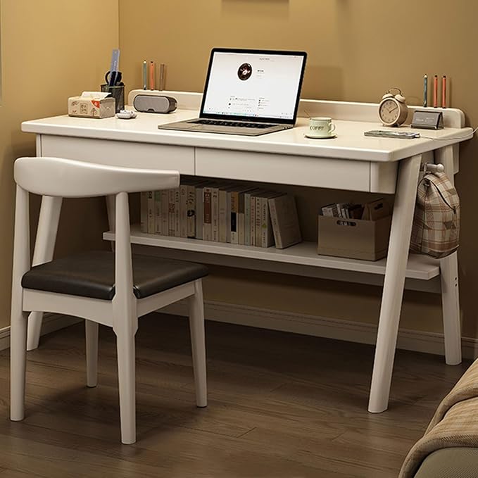 Mid-Century Modern Wood DeskComputer Desks with Drawers and Storage ShelfStudy Work Writing TableModern Industrial Home Office Desks for WritingExecutiveStudyWork(White55in(140cm))