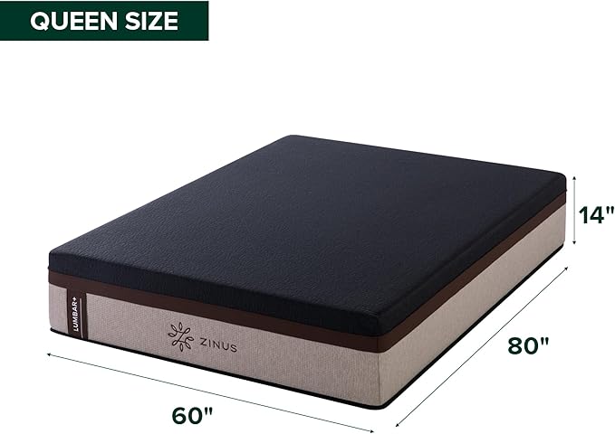 Zinus Lumbar+ Premium 14 Inch Memory Foam Mattress Lumbar Support Targeted Pressure Relief Cooling Gel and Green Tea Cool-to-The-Touch Cover Medium Firm Feel CertiPUR US Certified Queen