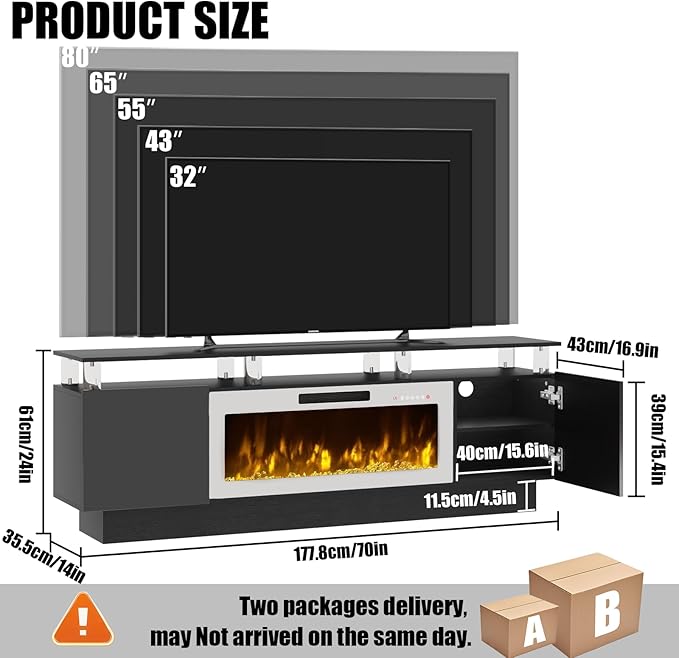 70 Modern Fireplace TV Stand with 36 Electric Fireplace for TVs Up to 80 inch Luxury LED Light Entertainment Center with High Gloss Cabinet (Black with White Fireplace 70 (8 Acrylic Posts))