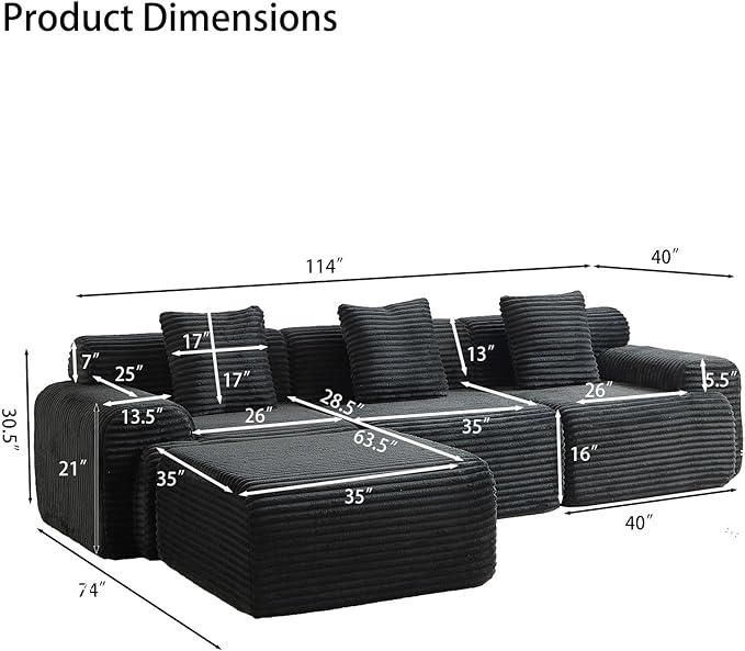 114-inch Oversized Modular Sectional Sofa Fluffy Boneless Compressed Memory Foam Corduroy Couch Comfy Modern L Shaped Couches with Ottoman &amp Pillows for Living Room Apartment Bedroom Black