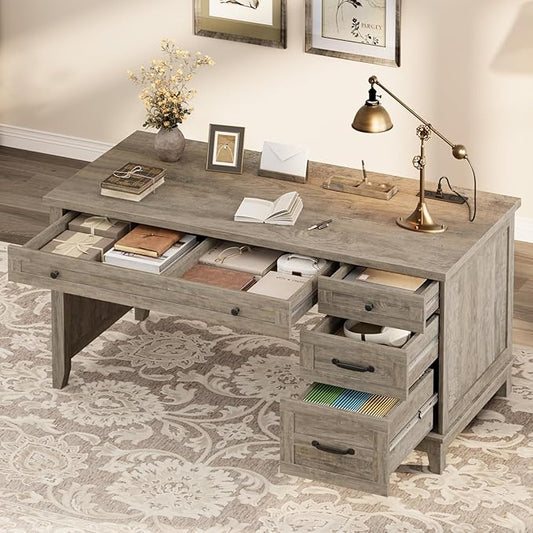 Farmhouse Home Office Desk with Power Outlets &amp USB Ports 53.5 Inch Writing Desk with Adjustable File Cabinet and Storage Drawers Executive Computer Desk for Study Workspace
