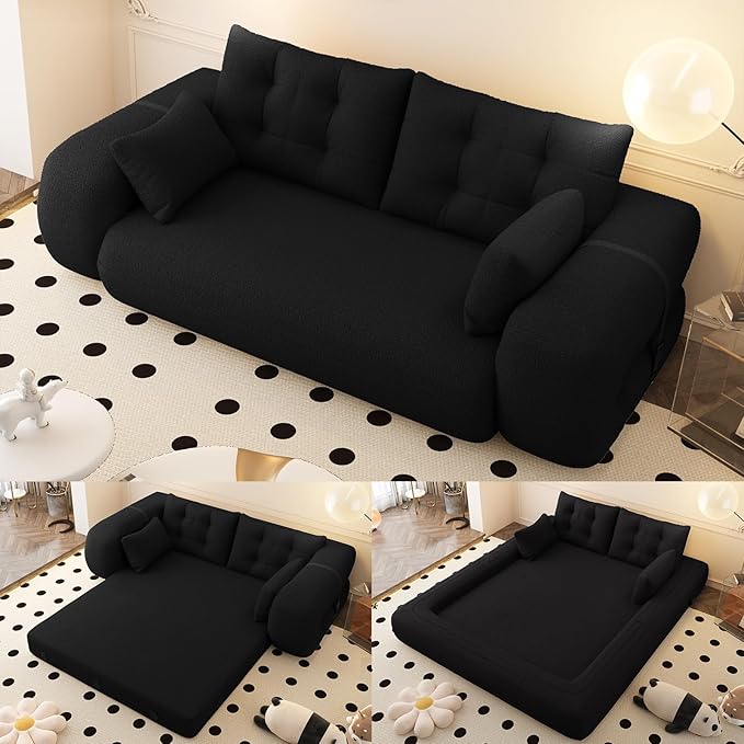 78.7 King Foldable Sofa Bed Lazy Sofa Couch 3-in-1 Multi-Functional Sleeper Sofa Bed Teddy Futon Sofa Floor Loveseat Sofa Human Dog Bed Bean Bag Lounge Recliner for Living Room Black