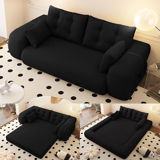 78.7 King Foldable Sofa Bed Lazy Sofa Couch 3-in-1 Multi-Functional Sleeper Sofa Bed Teddy Futon Sofa Floor Loveseat Sofa Human Dog Bed Bean Bag Lounge Recliner for Living Room Black