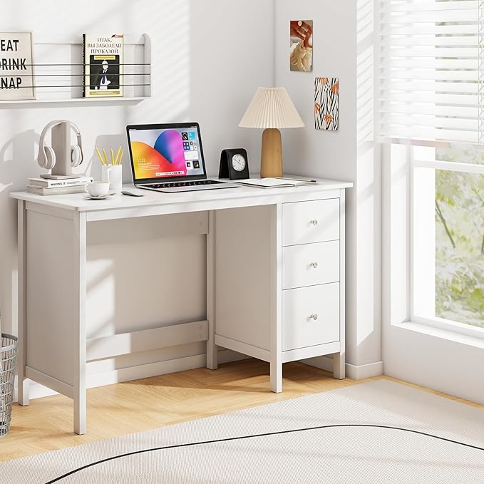NAFORT 2-Drawer Computer Desk Modern Home Office Desk with Storage &amp Spacious Desktop Compact Writing Study Desk for Bedroom Small Spaces Multipurpose Workstation White