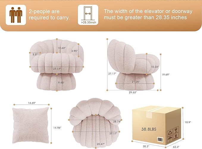 Teddy Fleece Swivel Vanity Chair - Armless Padded Accent Desk Chair for Bedroom Living Room Pink