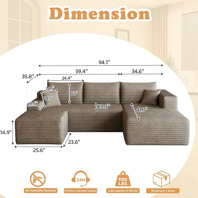 94 Corduroy Upholstered Boneless Couches with Chaise/Ottoman U Shape Modular Sectional Sofa with Deep Seat Cloud Sectional Fluffy Couches for Living Room No Assembly Required (Camel) | Removable O