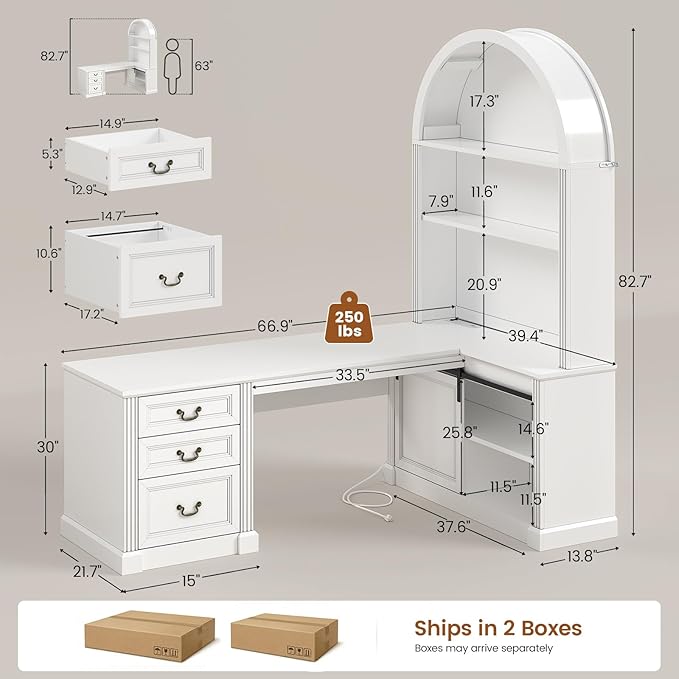 SEDETA 67 L Shaped Desk with Tall Arched Bookshelf Mid-Century Office Computer Desk with 3 Drawers and Storage Shelves Corner Executive Desk with Sliding Barn Door for Home Office White