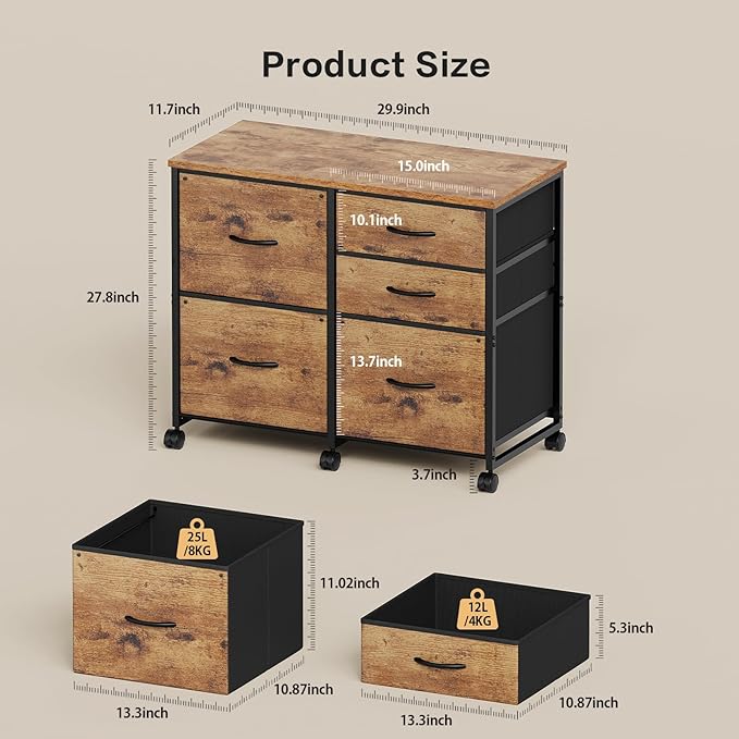 Lateral File Cabinet with 5 Drawers Rolling Filing Cabinets Under Desk Storage Printer Stand with WheelsMobile File Cabinet for Home OfficeRustic Brown