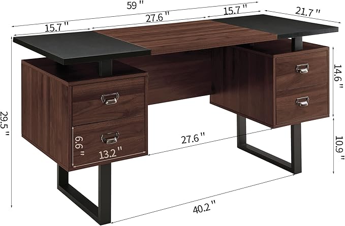 MODERION Computer Desk for Home Office with 4 Large Drawers Rustic Wood Writing Study Table with Metal Frame 59” x 21.7” x 29.5” Easy Assembly Brown and Black CTSZ20401WACM