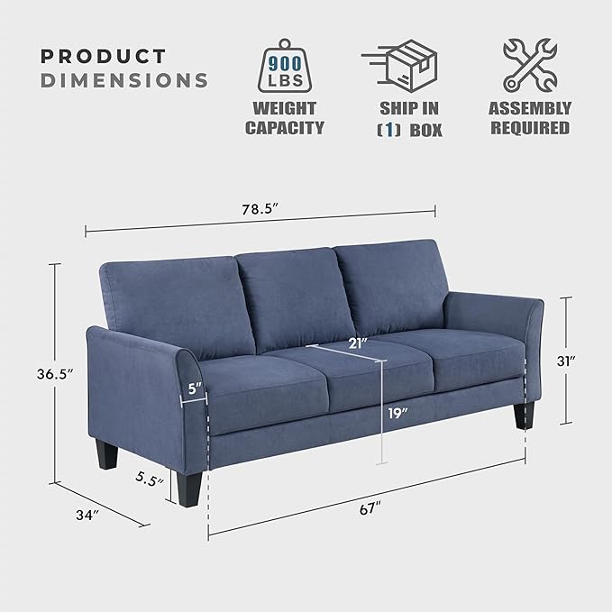 Lexicon Sofa Modern Living Room Couch Textured Fabric Upholstered Couch for Living Room/Bedroom/Office/Apartment 78.5 Sofa Blue